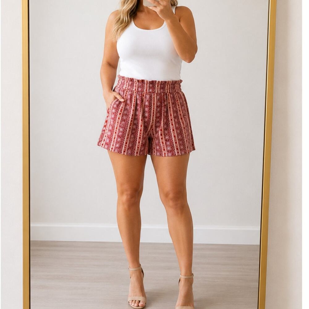 Knox Rose🌿Women's Paperbag Shorts Size Large Boho Rayon Lined Pull On Red